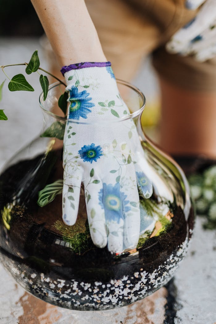 Close-up of hands in gloves arranging a terrarium with soil and plants.
